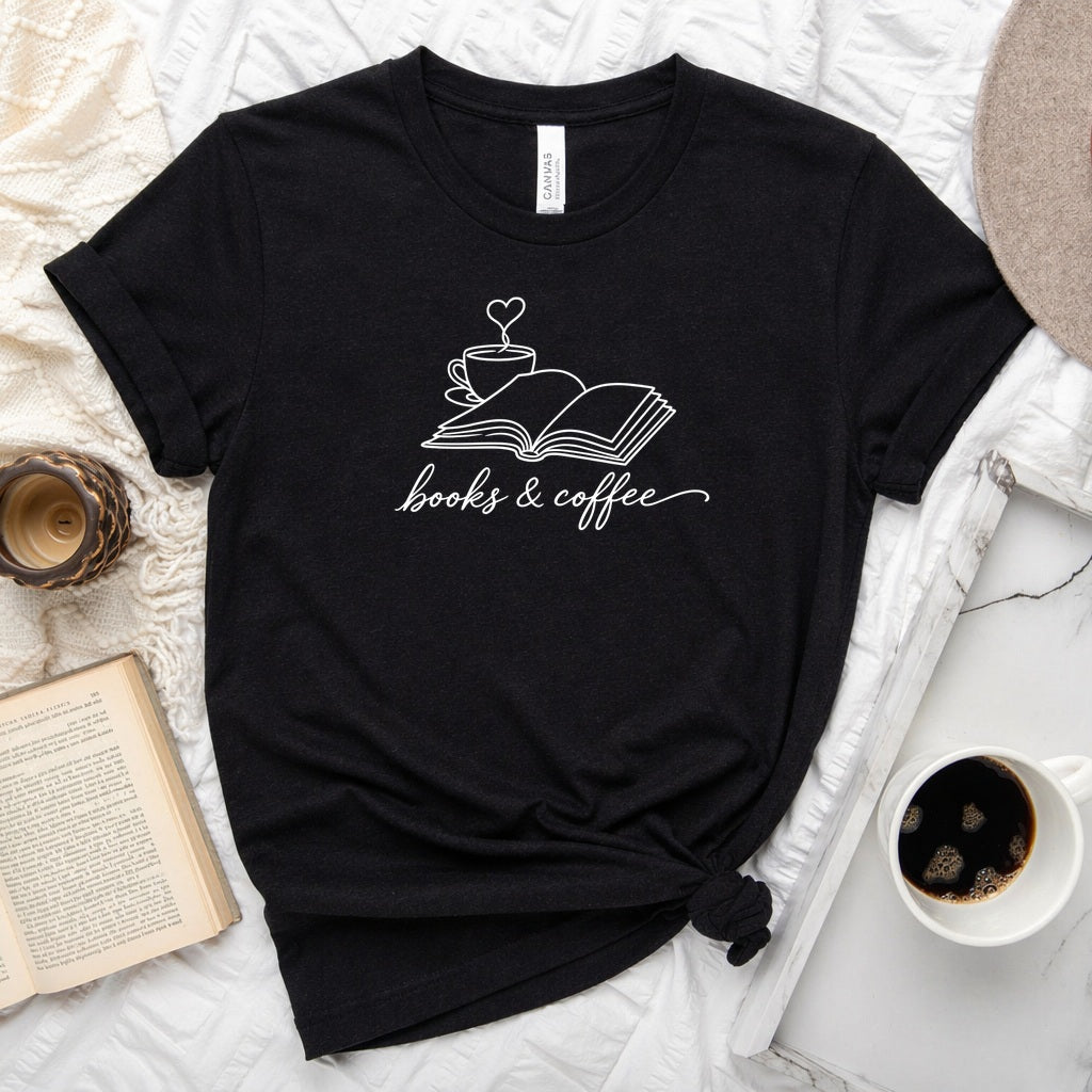 Book &amp; Coffee Unisex Tee in Black Heather