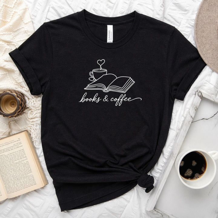 Book &amp; Coffee Unisex Tee in Black Heather