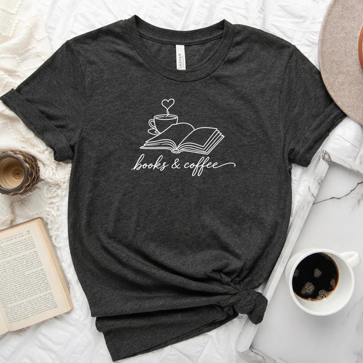 Book &amp; Coffee Unisex Tee in Dark Grey Heather