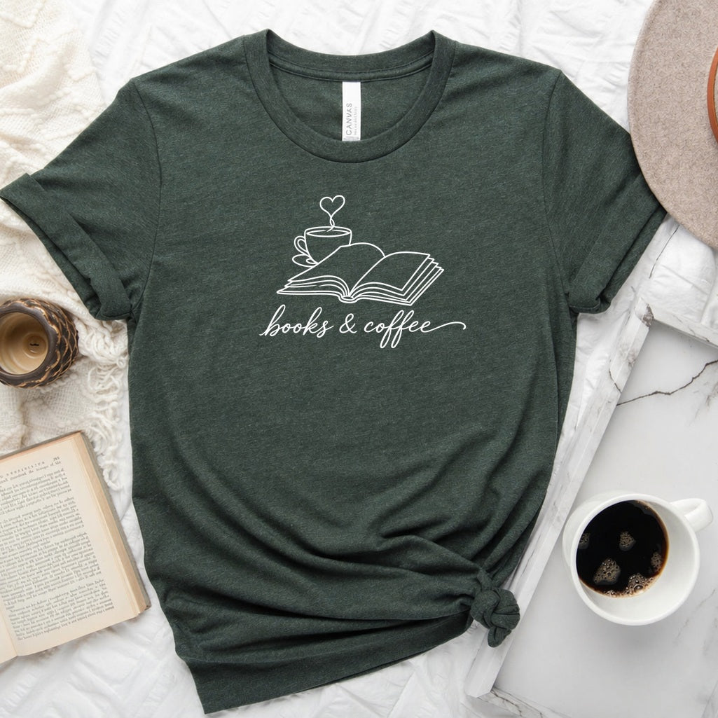 Book &amp; Coffee Unisex Tee in Heather Forest