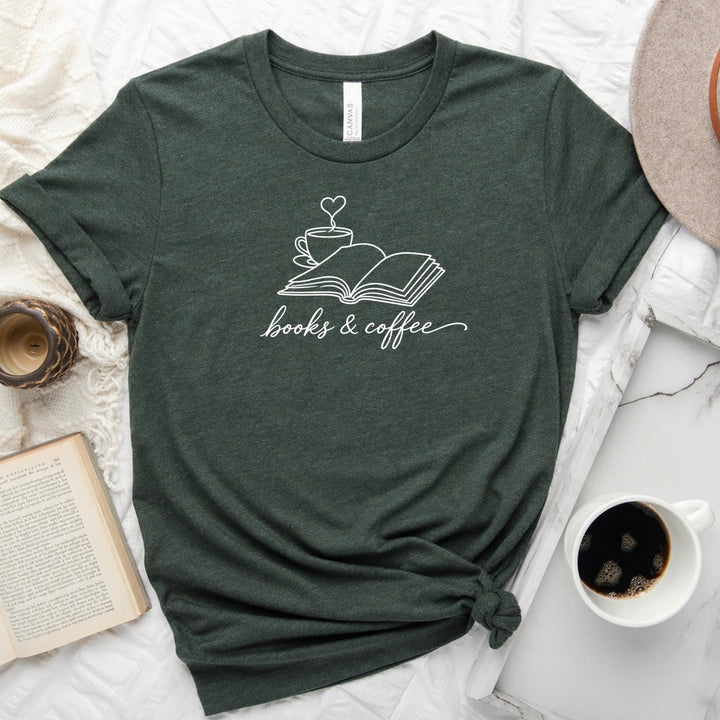 Book &amp; Coffee Unisex Tee in Heather Forest