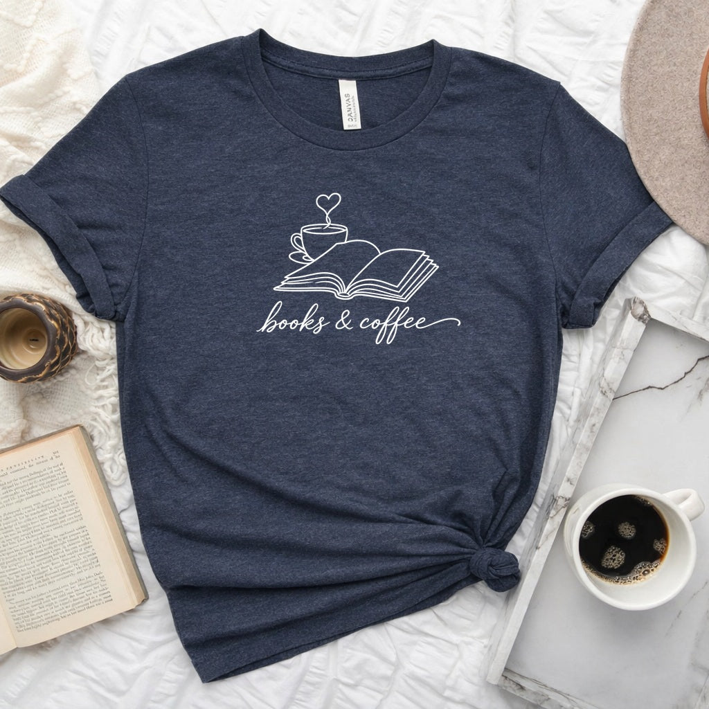 Book &amp; Coffee Unisex Tee in Heather Midnight Navy