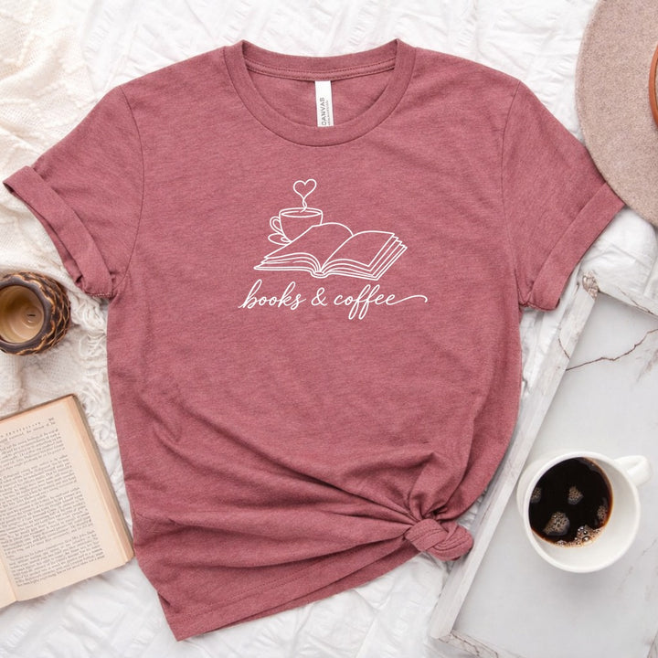 Book &amp; Coffee Unisex Tee in Heather Mauve