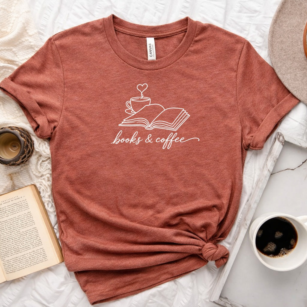 Book &amp; Coffee Unisex Tee in Heather Clay
