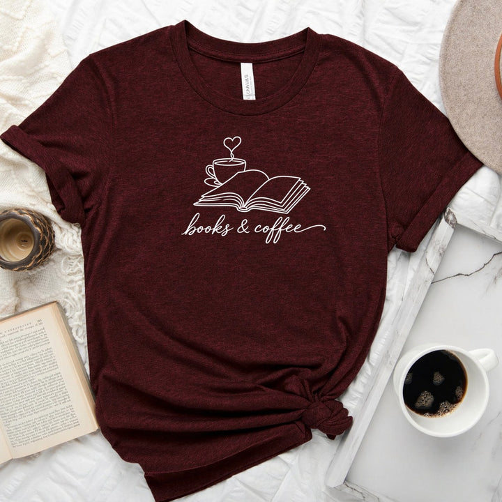 Book &amp; Coffee Unisex Tee in Heather Cardinal