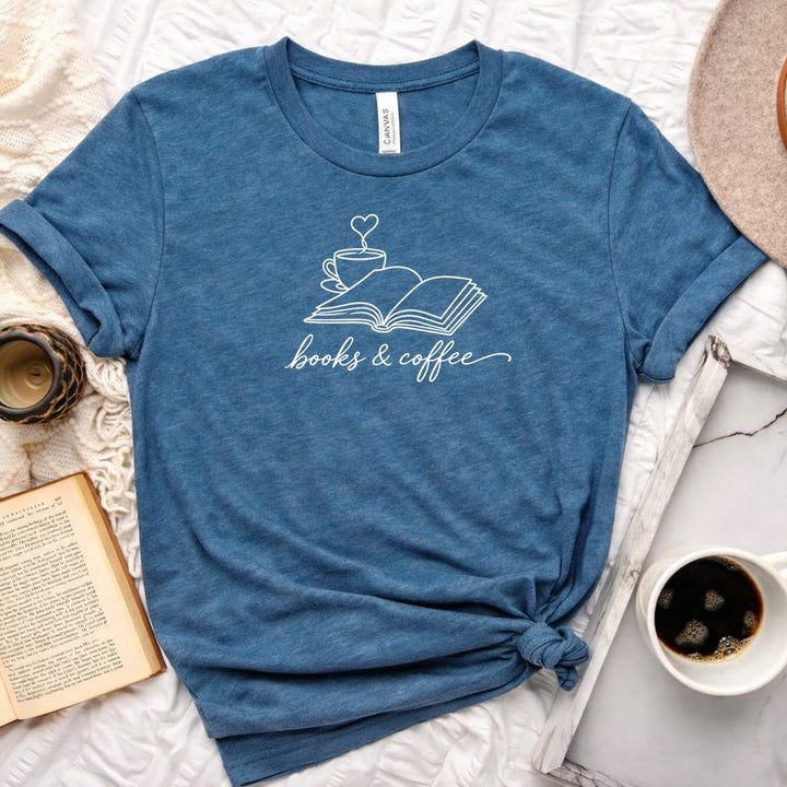 Book &amp; Coffee Unisex Tee in Heather Deep Teal