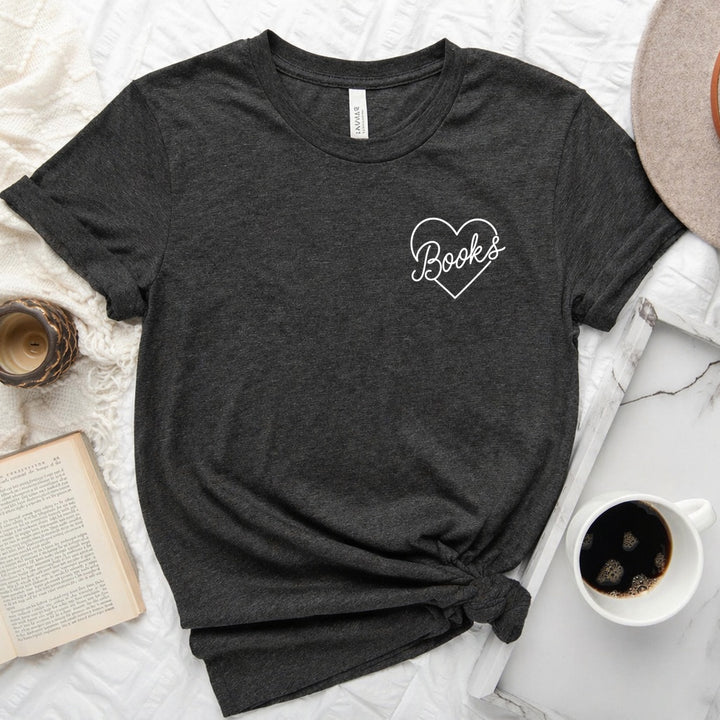 Books heart script graphic on a unisex crew neck tee for book lovers