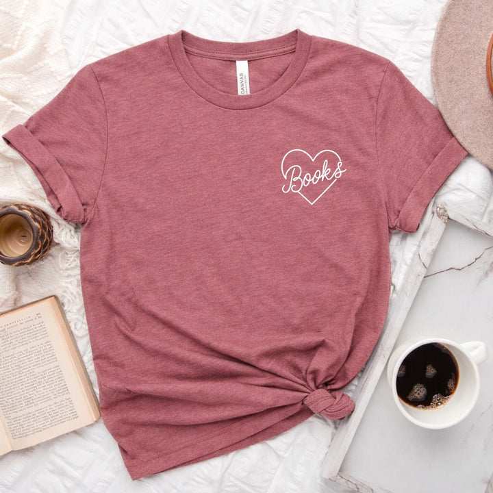 Books heart script graphic on a unisex crew neck tee for book lovers