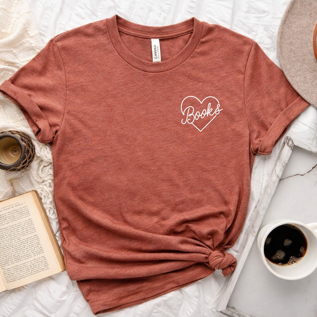 Books heart script graphic on a unisex crew neck tee for book lovers