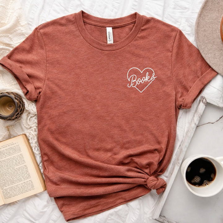 Books heart script graphic on a unisex crew neck tee for book lovers