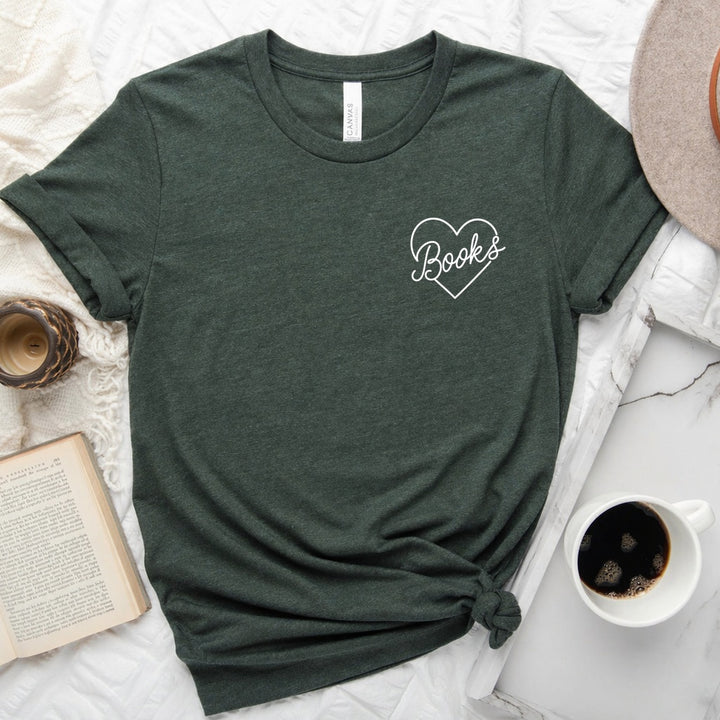 Books heart script graphic on a unisex crew neck tee for book lovers