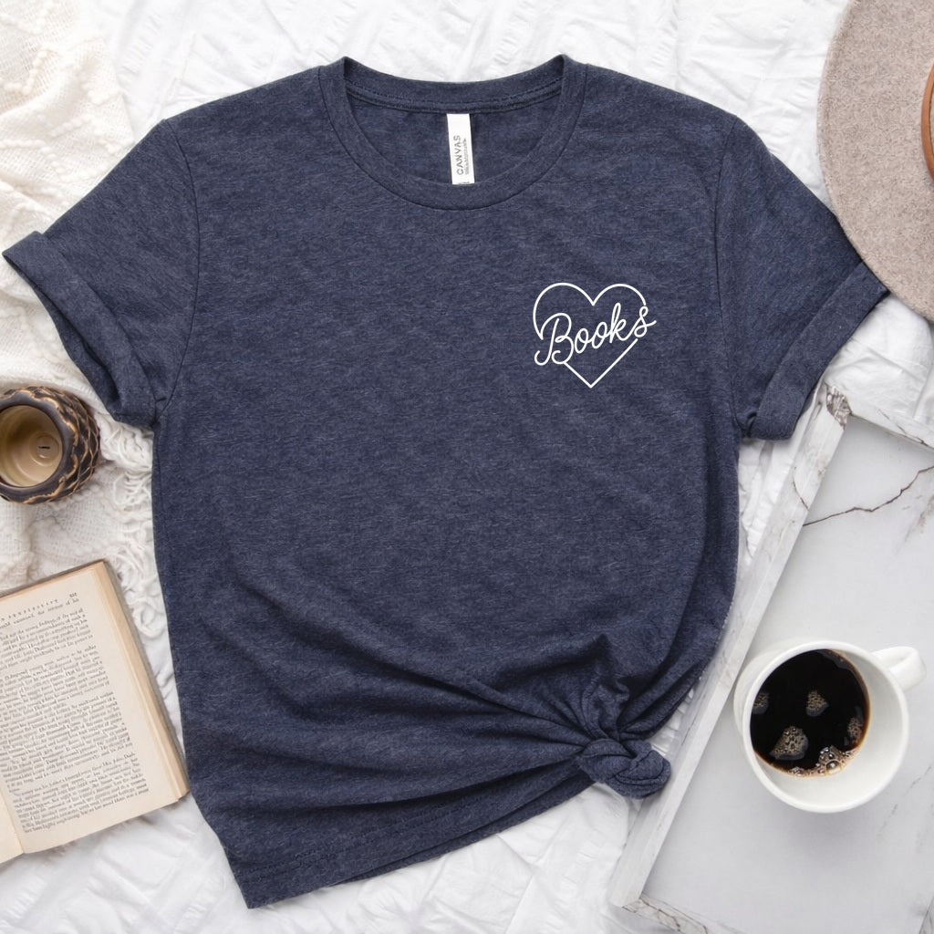 Books heart script graphic on a unisex crew neck tee for book lovers