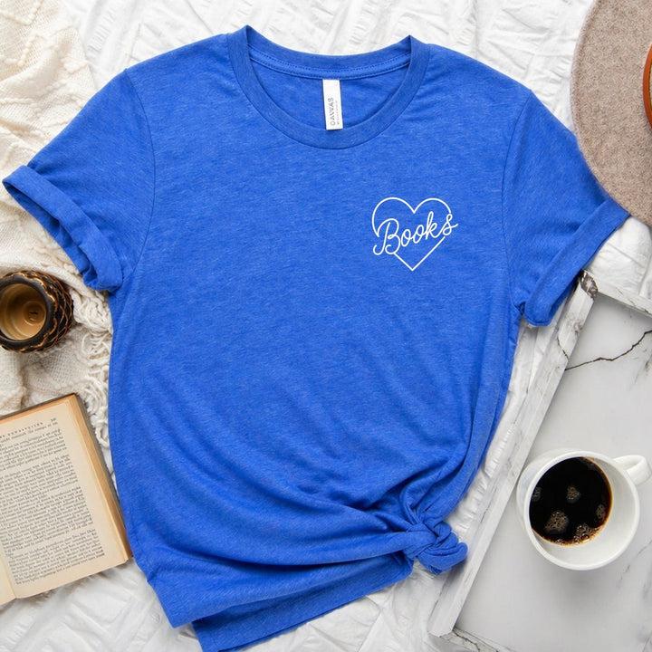 Books heart script graphic on a unisex crew neck tee for book lovers