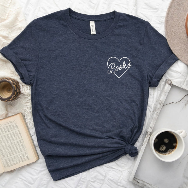Books heart script graphic on a unisex crew neck tee for book lovers