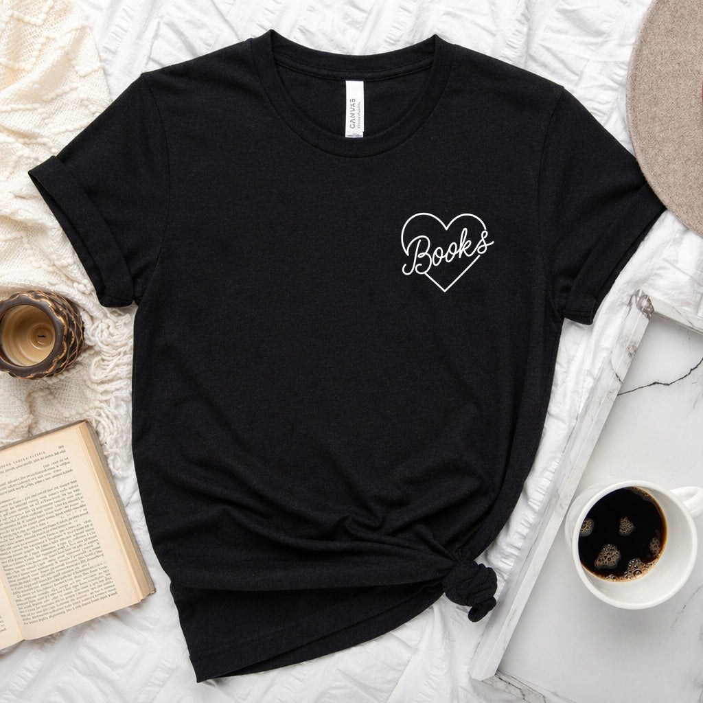 Books heart script graphic on a unisex crew neck tee for book lovers