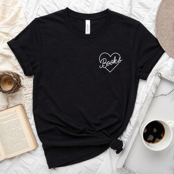 Books heart script graphic on a unisex crew neck tee for book lovers
