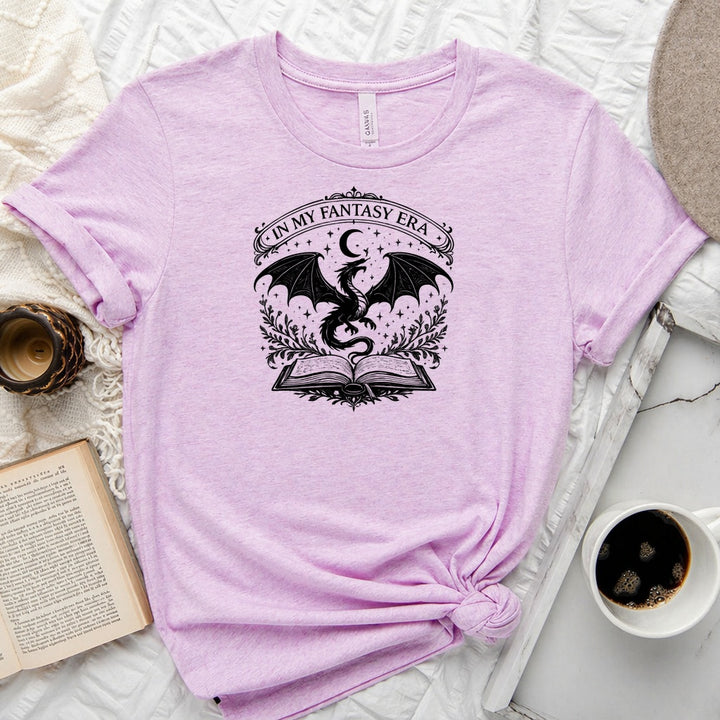 In My Fantasy Era unisex tee with dragon, crescent moon, stars and open book design for book lovers