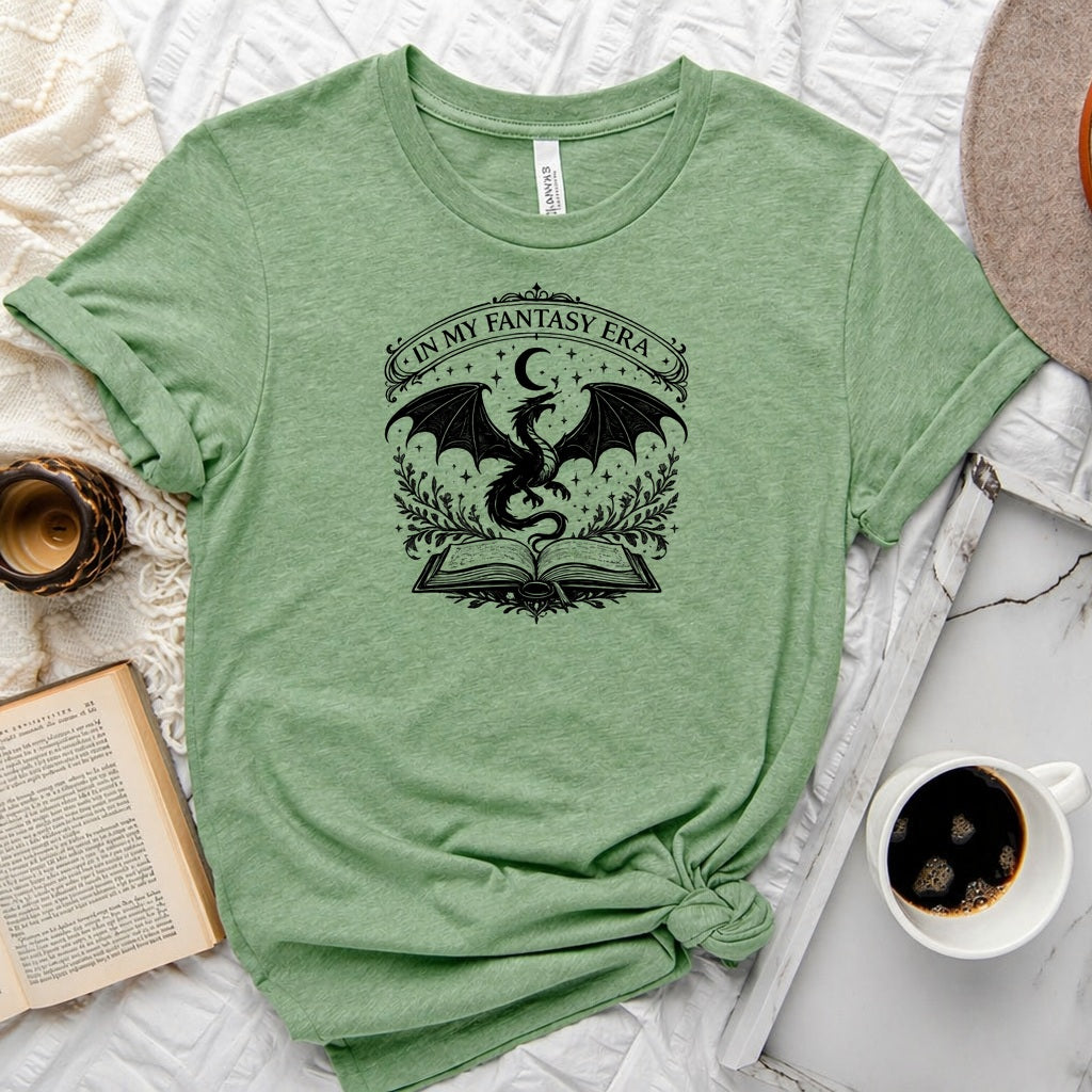 In My Fantasy Era unisex tee with dragon, crescent moon, stars and open book design for book lovers