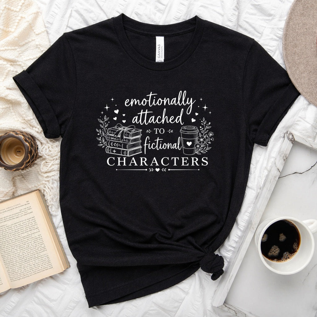 Emotionally attached to fictional characters bookish graphic unisex tee with stacked books and floral wreath design