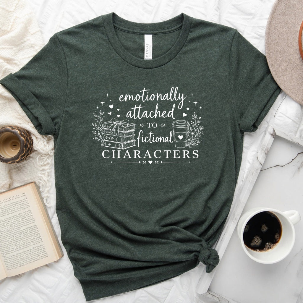Emotionally attached to fictional characters bookish graphic unisex tee with stacked books and floral wreath design